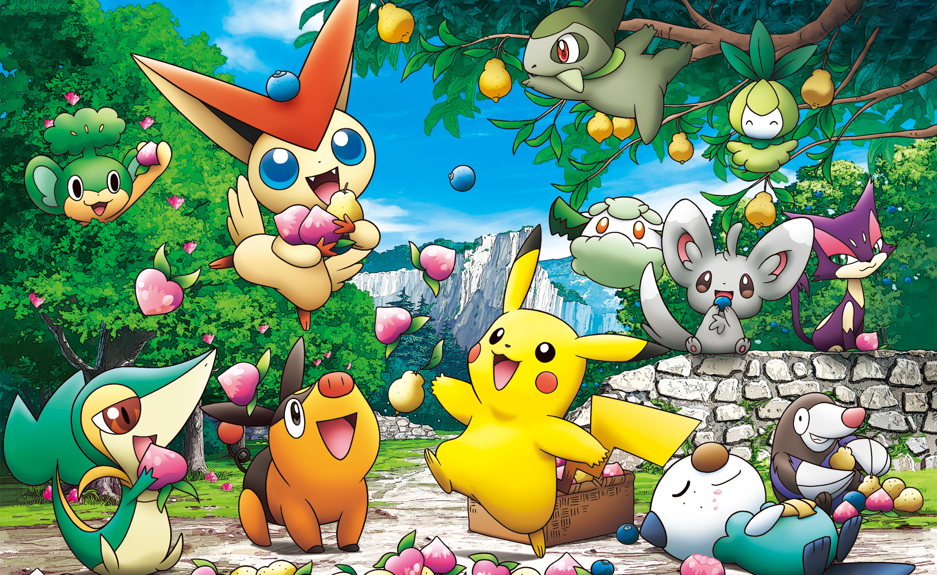 Grass (Pokemon): Anime, Snivy, Pansage, Petilil, Pikachu, Purrloin, Minccino, Cottonee. 1920x1180 HD Wallpaper.
