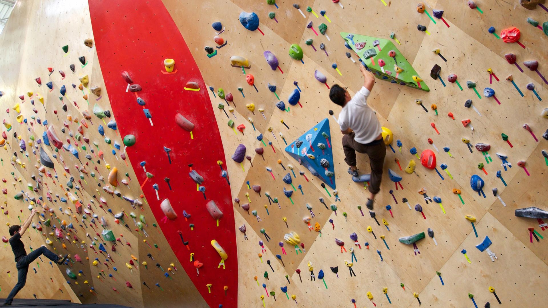 Rock Climbing: Climbing Hold, Exercise For Muscles, Walltopia Climbing Center, Bulgaria. 1920x1080 Full HD Background.