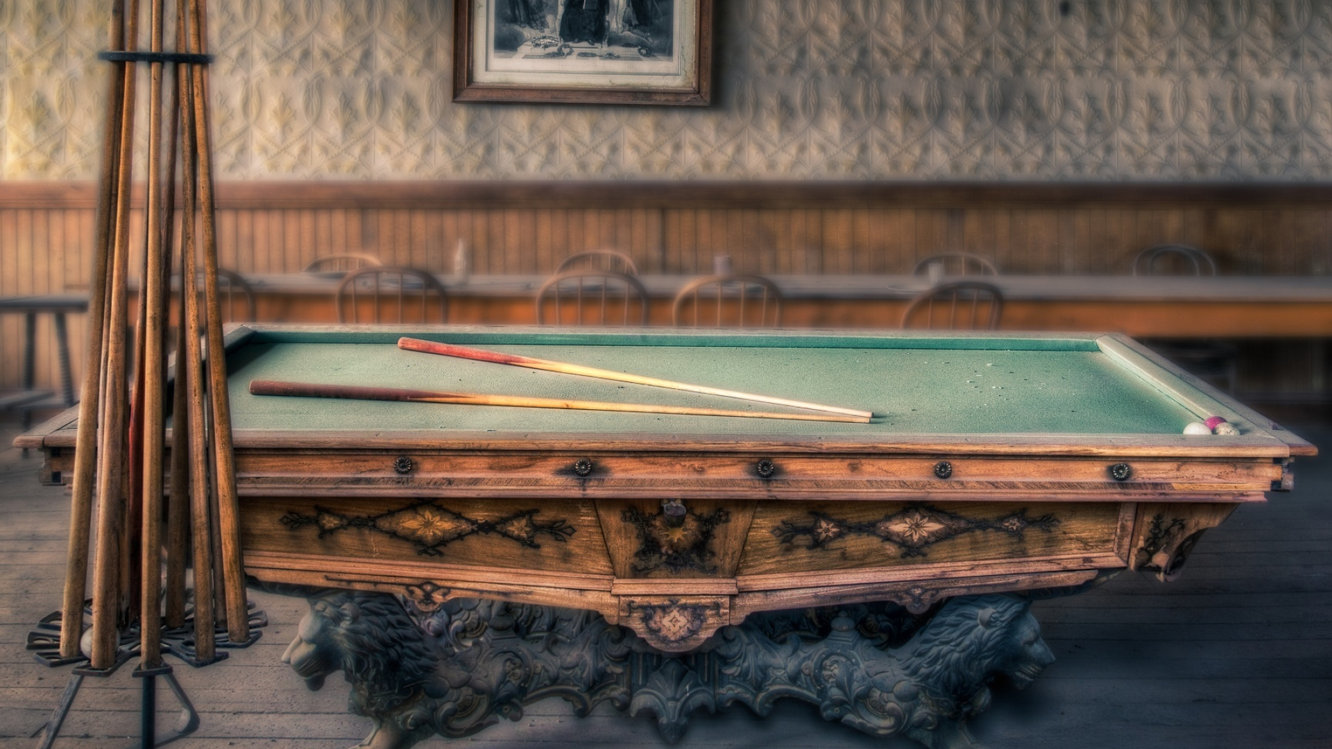 Billiards: Retro-style hand-made table for playing carom - a style of сue sports played without drop pockets. 1920x1080 Full HD Background.