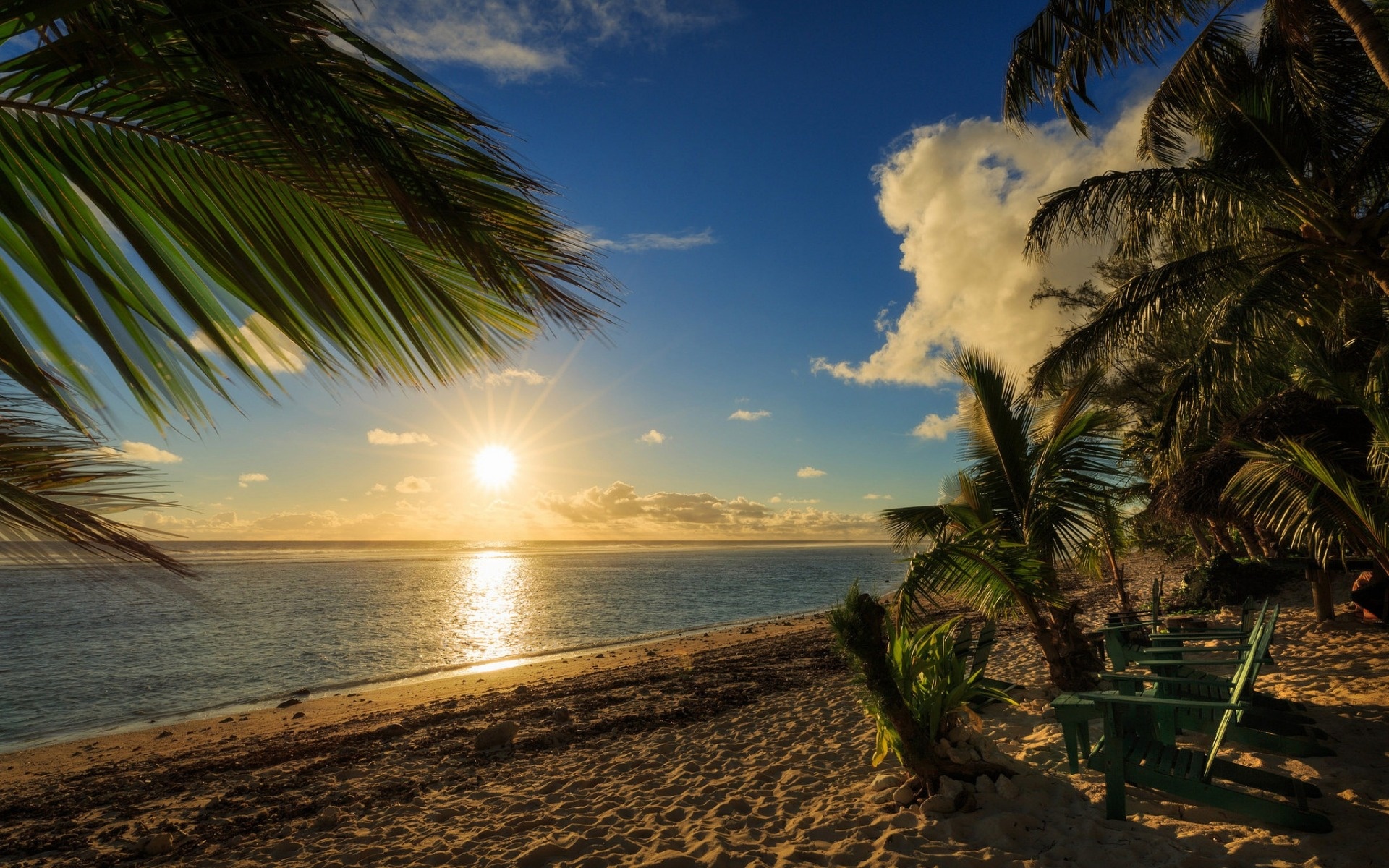 Beach sunset, Palm trees, Cook Islands, Pacific ocean beauty, 1920x1200 HD Desktop