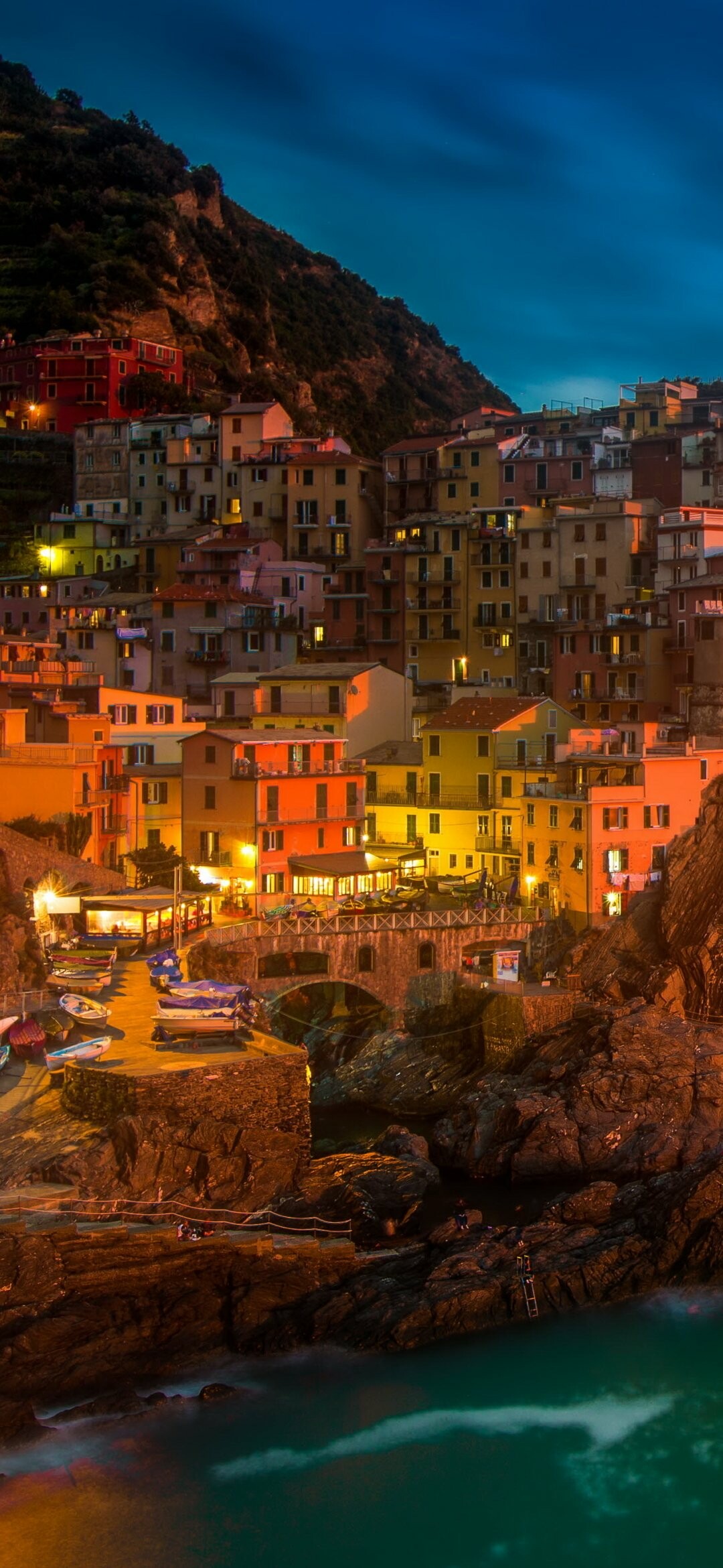 Italy: Manarola, The country is bordered to its east by the Adriatic Sea and the Tyrrhenian Sea to its west. 1080x2340 HD Background.