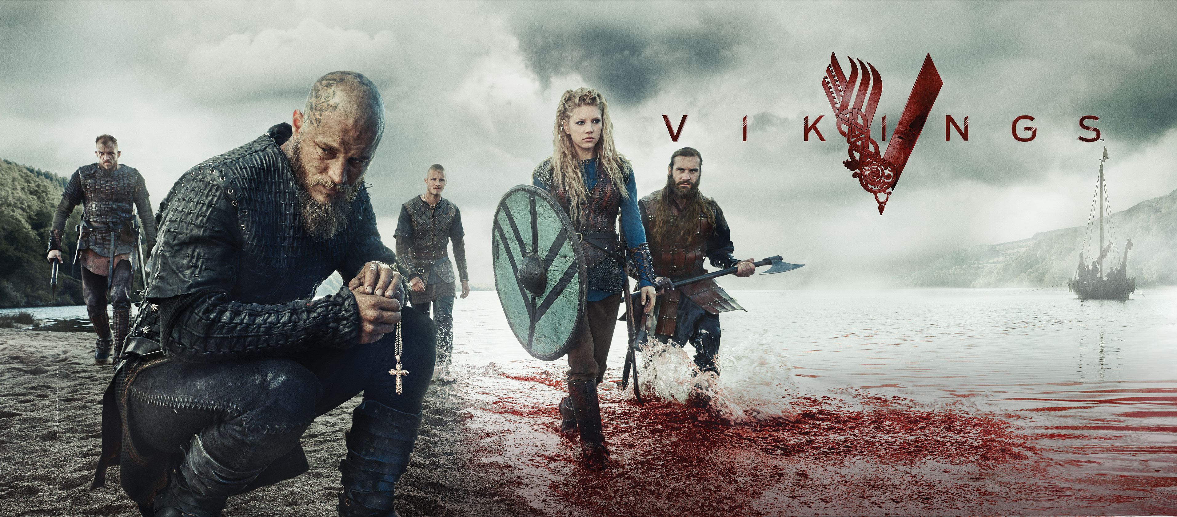 Vikings TV Series, Viking warriors, Dramatic battle scenes, Nordic mythology, 3830x1690 Dual Screen Desktop