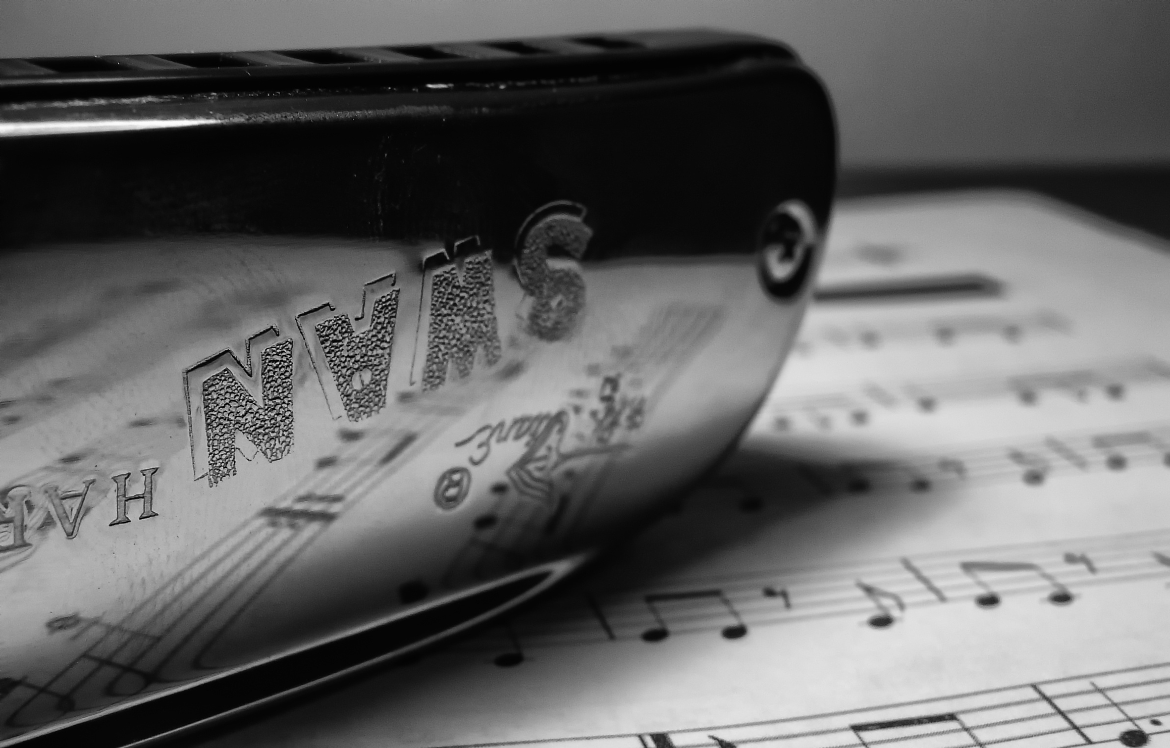 Harmonica: Monochrome, Musical Instrument Close-Up, Music Notes, Metal Cover Plates, Swan Musical Instrument Co., China. 2390x1530 HD Wallpaper.