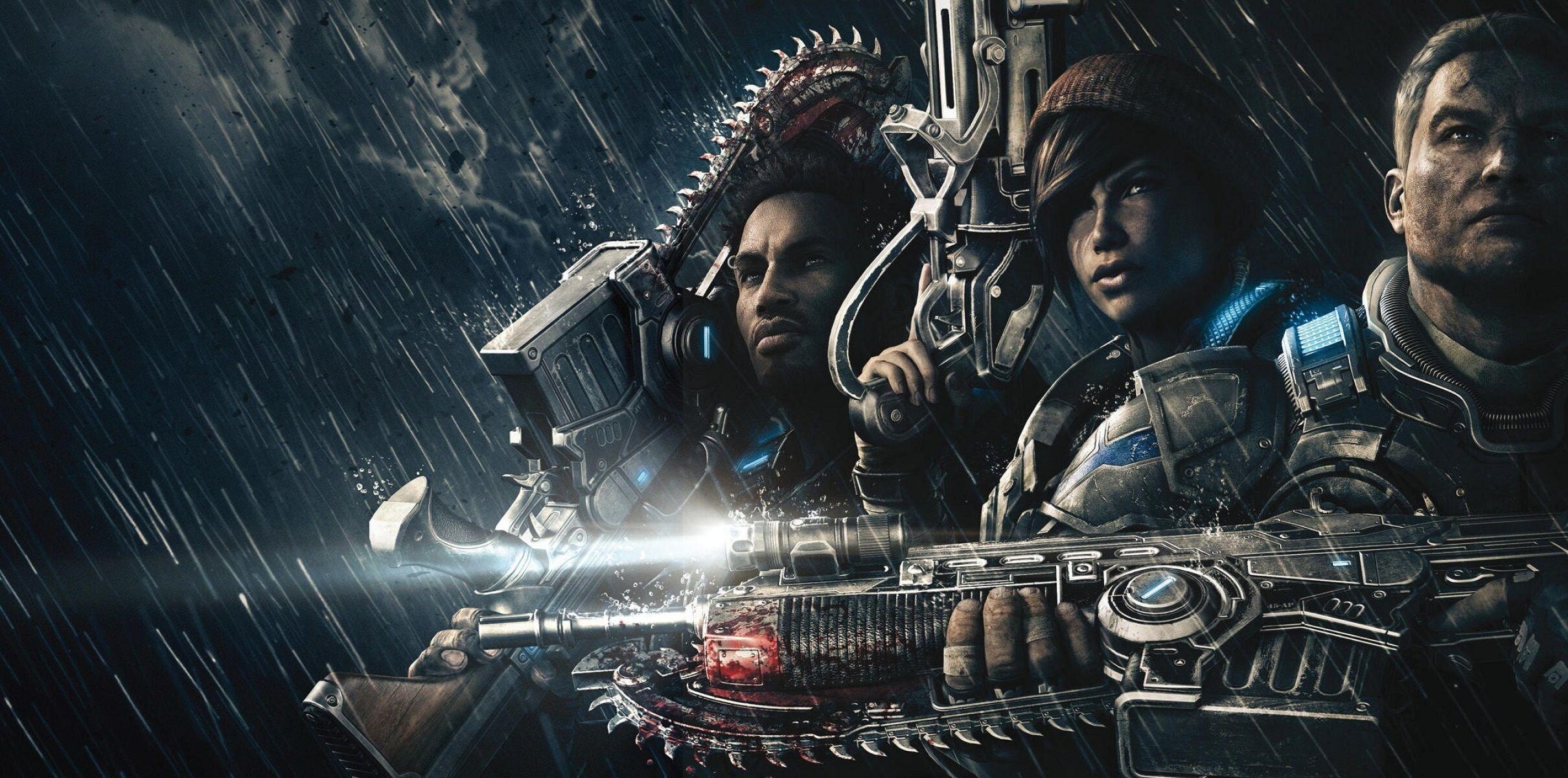 Gears of War: Captain James Dominic Fenix, Mk 2 Lancer Assault Rifle, Corporal Kait Diaz. 2420x1200 Dual Screen Background.