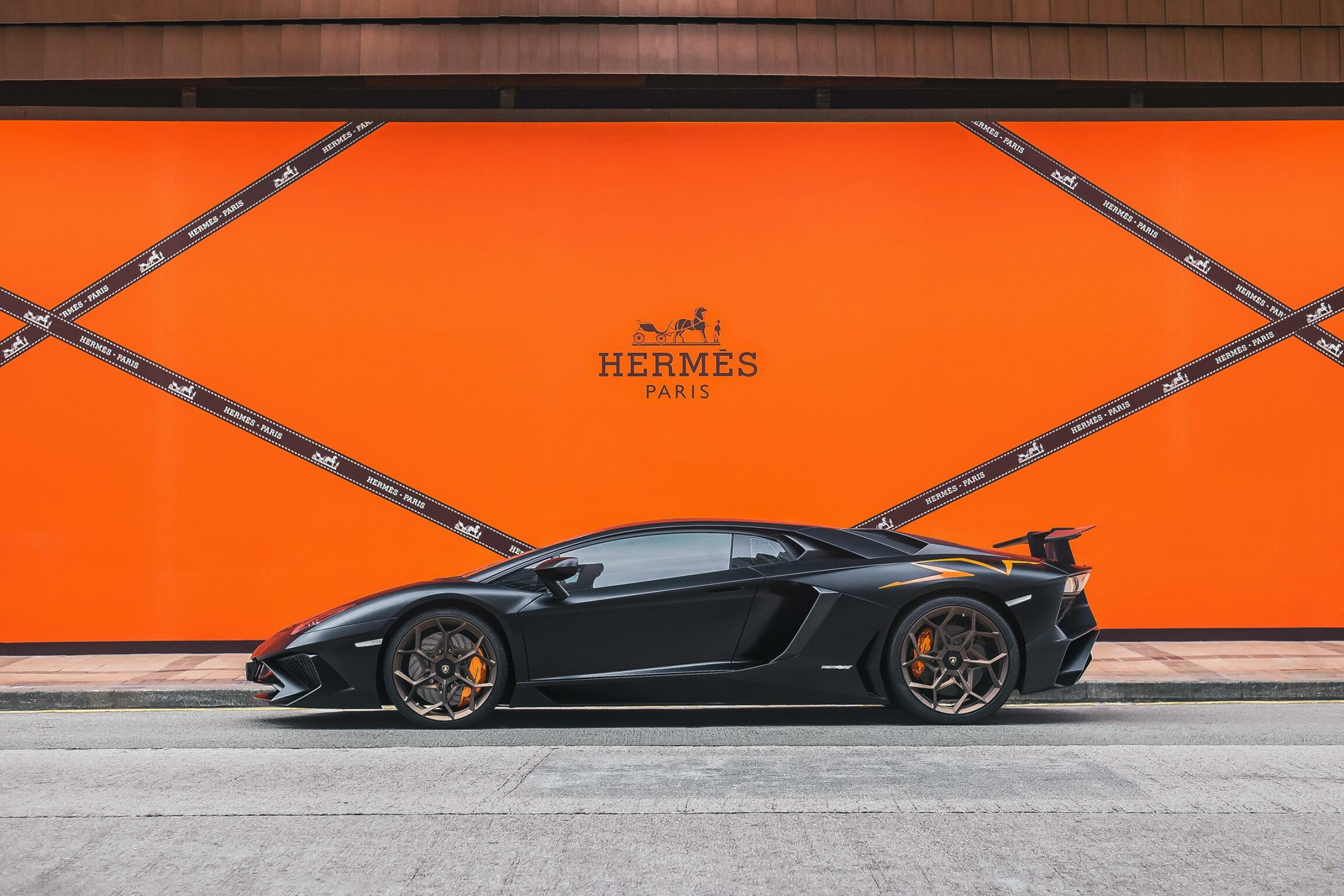 Hermes: Lamborghini Aventador SV, Logo, A Duke carriage with horse. 2560x1710 HD Background.