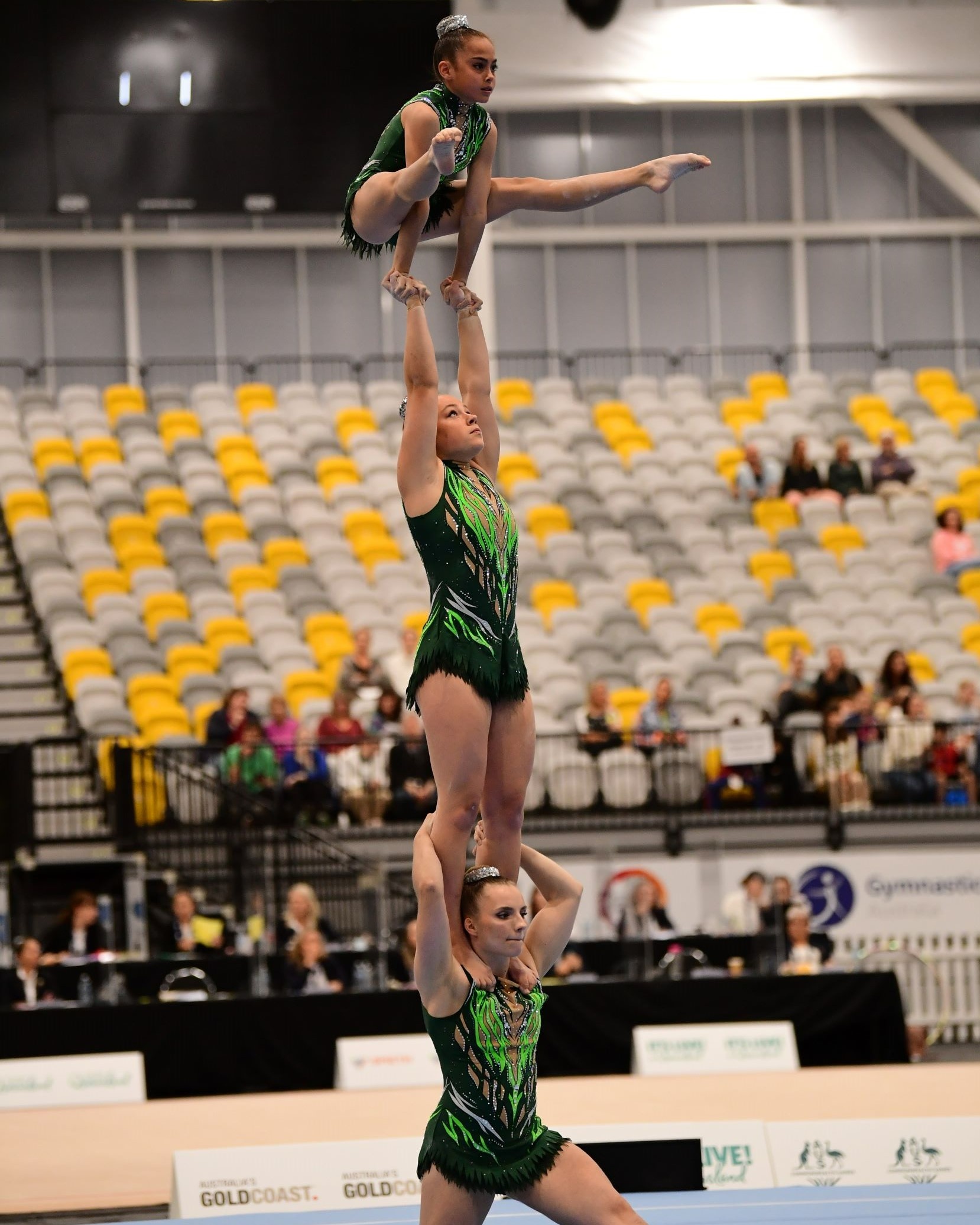 Acrobatic Gymnastics: Women's team members perform a training session before the World Championship. 1660x2080 HD Background.