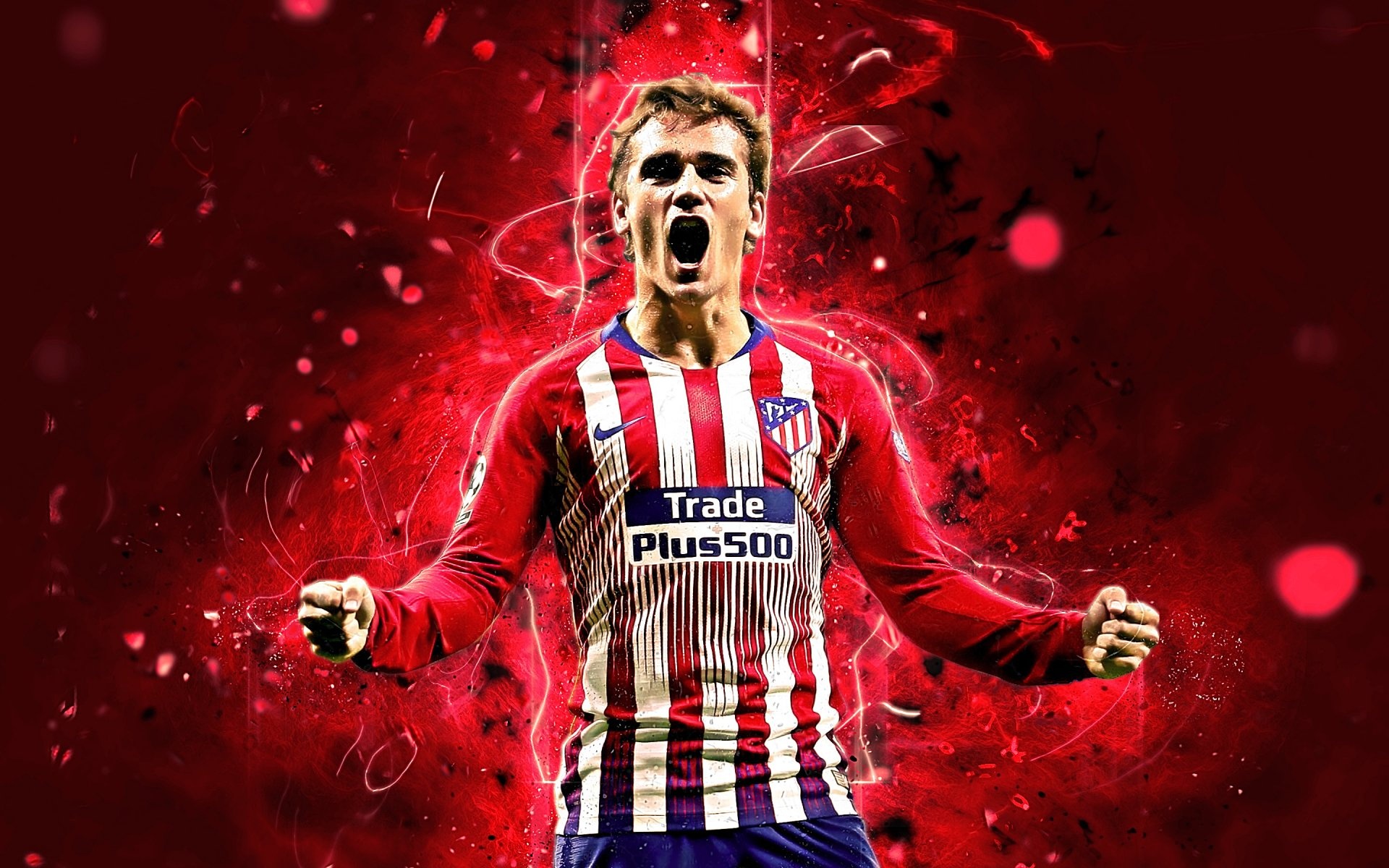 Atletico Madrid: The club's home kit is red and white vertical striped shirts, blue shorts, and blue and red socks. 1920x1200 HD Background.