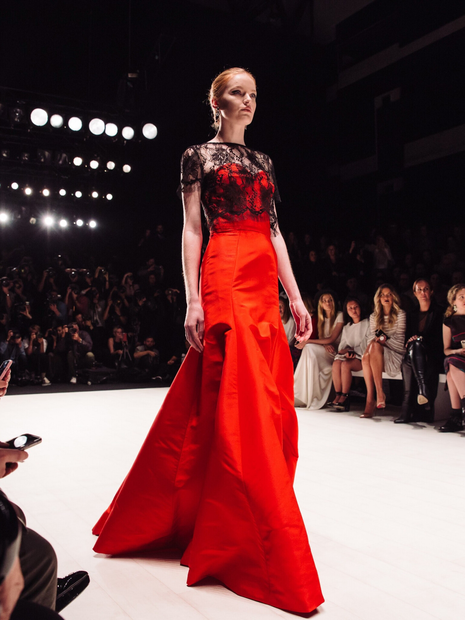 Fashion Week: One-piece garment created by the designer, Red elegant evening dress, Fashion event. 1540x2050 HD Background.