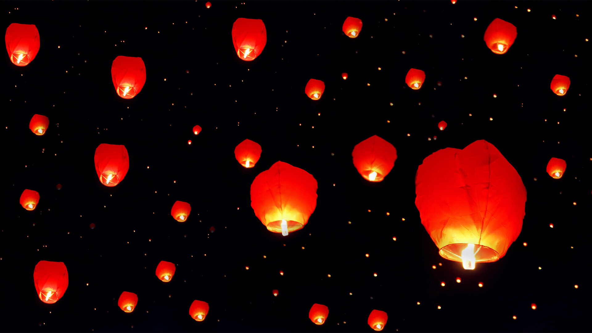 Lantern Festival: Traditional Chinese lights, released into the air. 1920x1080 Full HD Background.