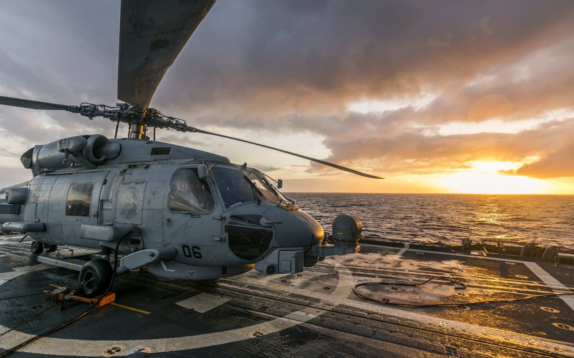 Sikorsky SH-60 Seahawk, Military helicopter, Aircraft carrier, Sunset sea, 1920x1200 HD Desktop