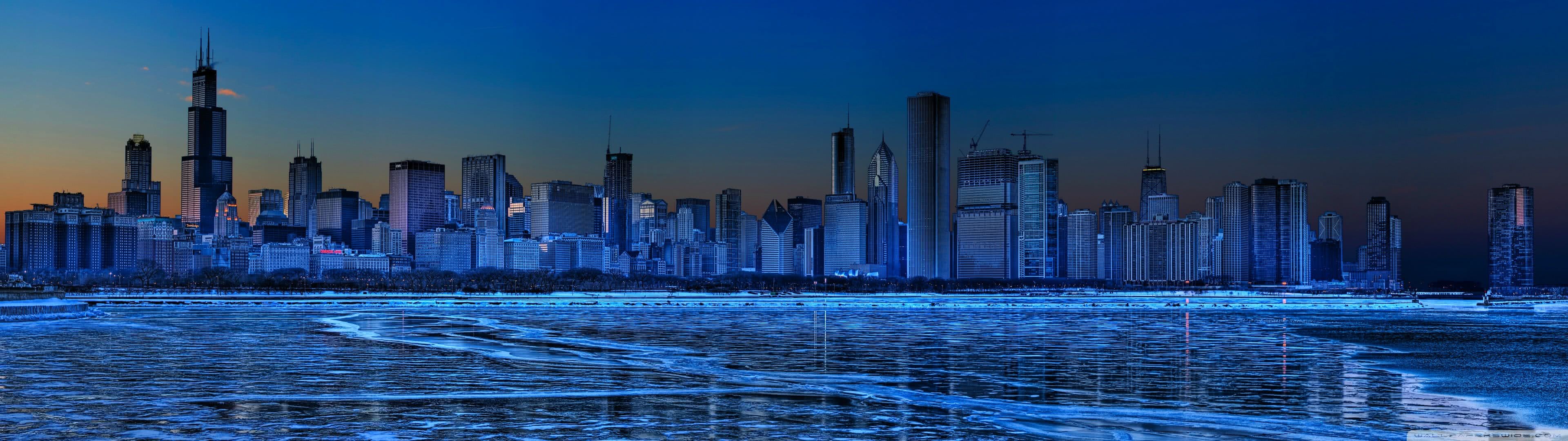 Chicago: The city has two major airports, O'Hare International Airport and Midway International Airport. 3840x1080 Dual Screen Wallpaper.