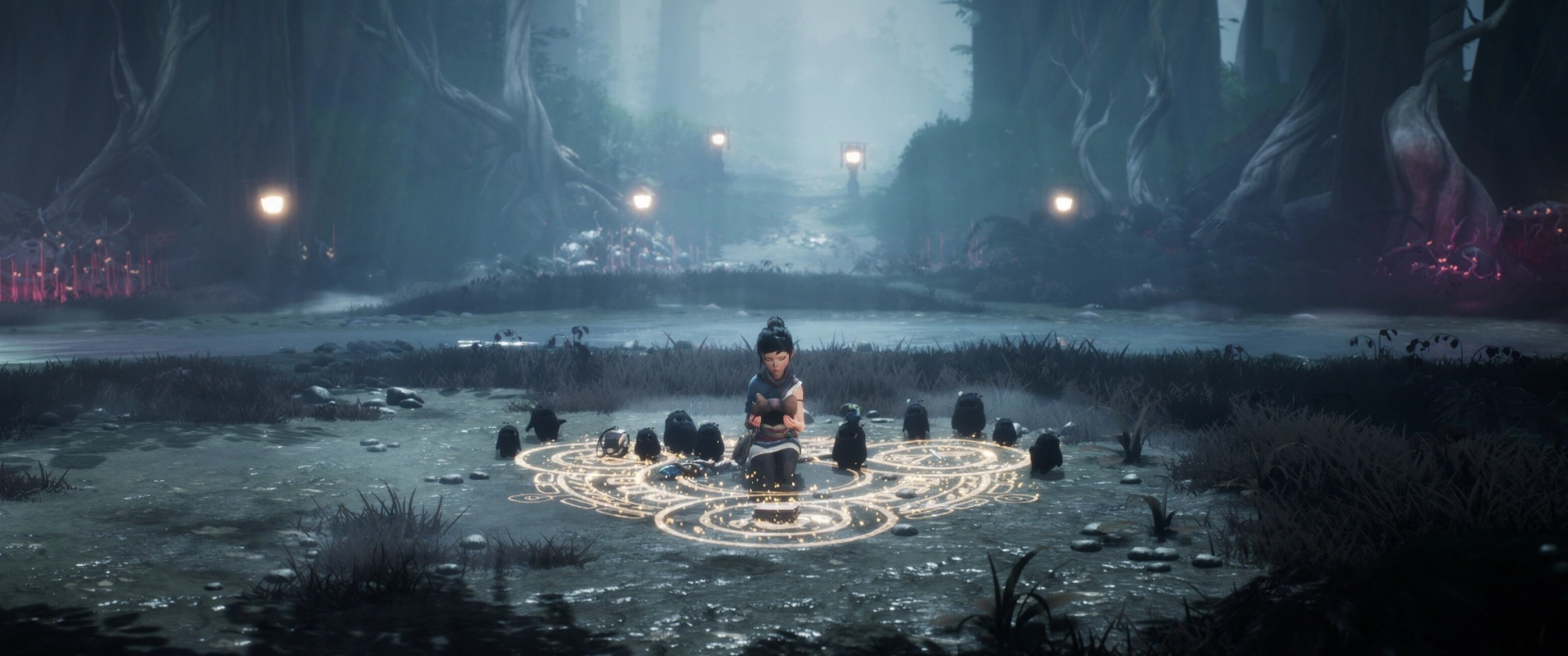 Kena: Bridge of Spirits: The game was showcased at the 2021 Tribeca Film Festival. 3440x1440 Dual Screen Wallpaper.