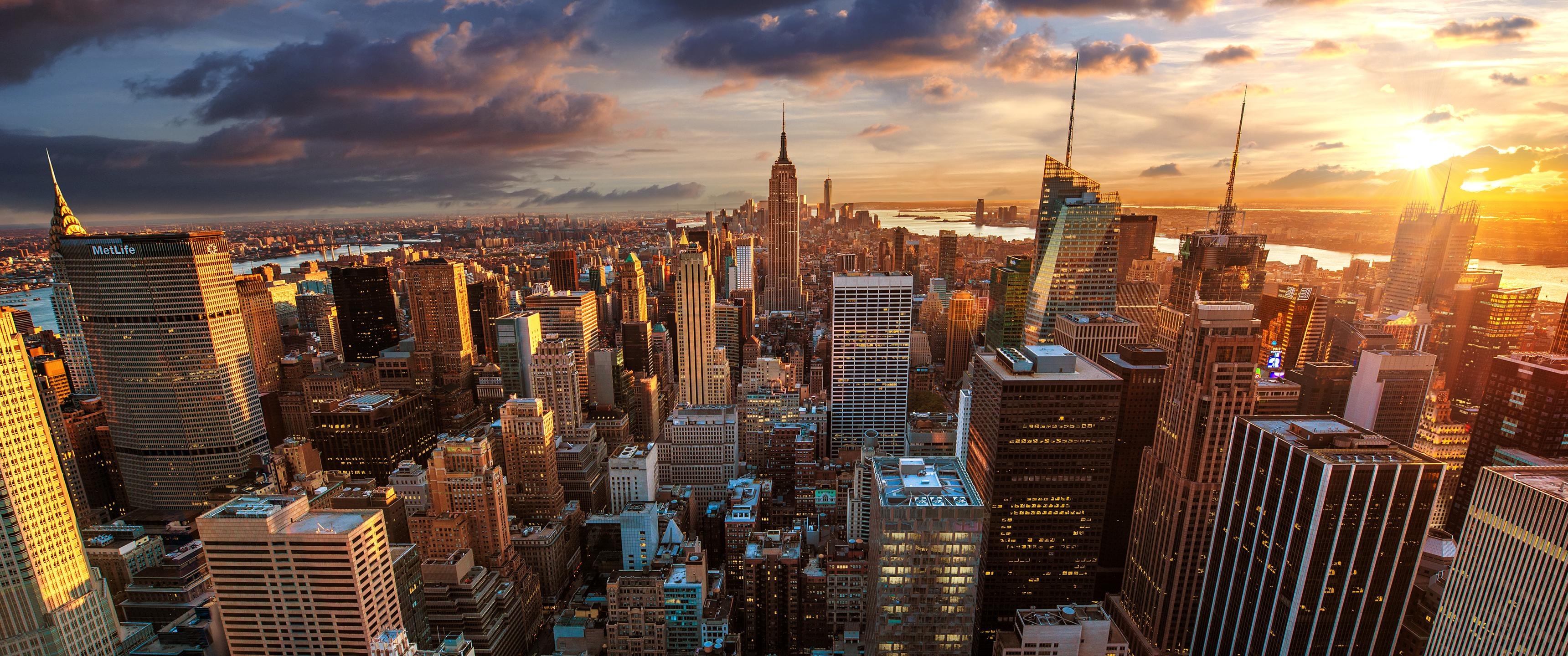 Kostenlose Hintergrundbilder, Empire State Building, Chrysler Building, Lower Manhattan, 3440x1440 Dual Screen Desktop