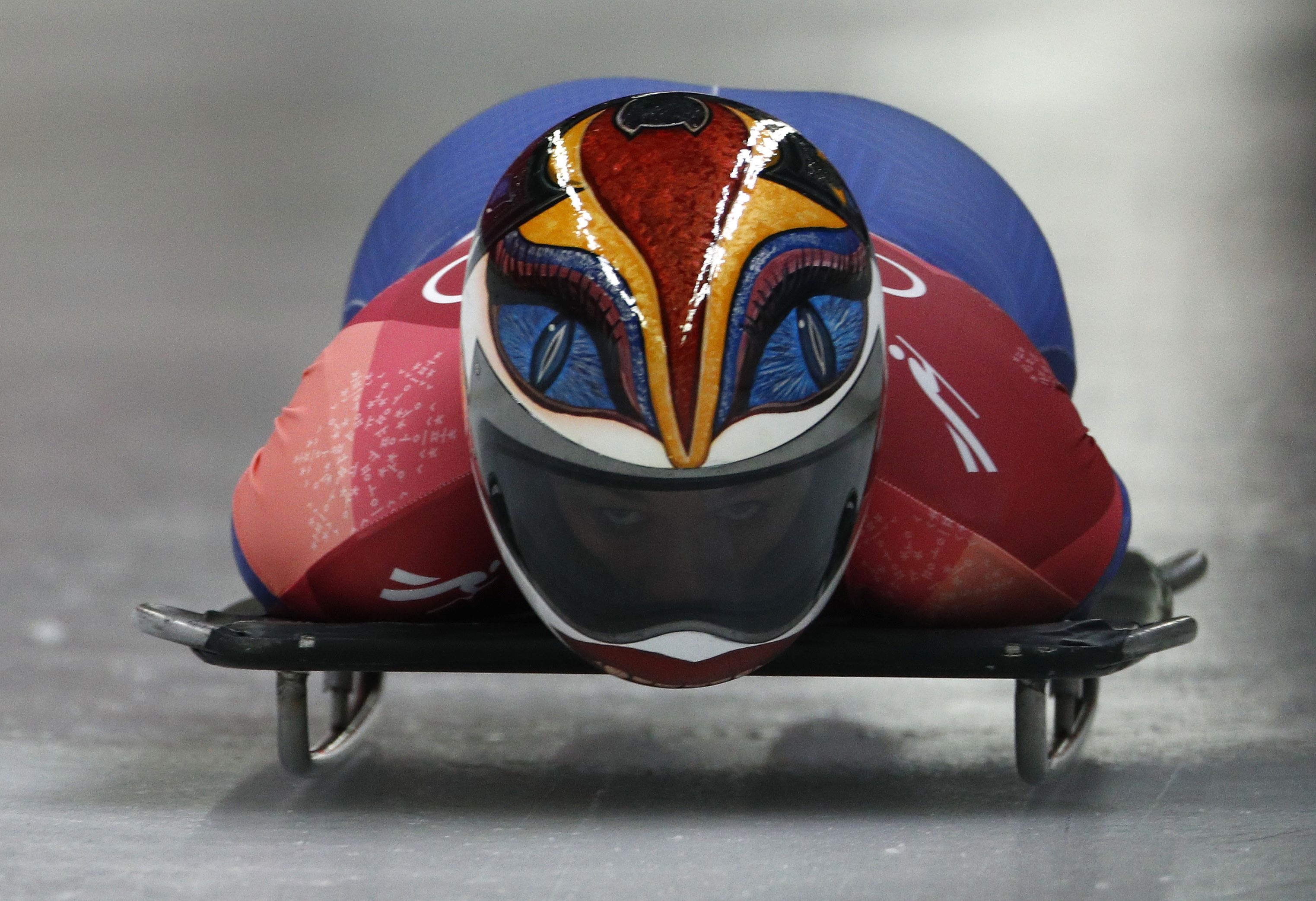 Skeleton (Sport): Maria Marinela Mazilu from Romania in action during training ahead of the women's event, 2018 Winter Olympics. 3050x2090 HD Background.