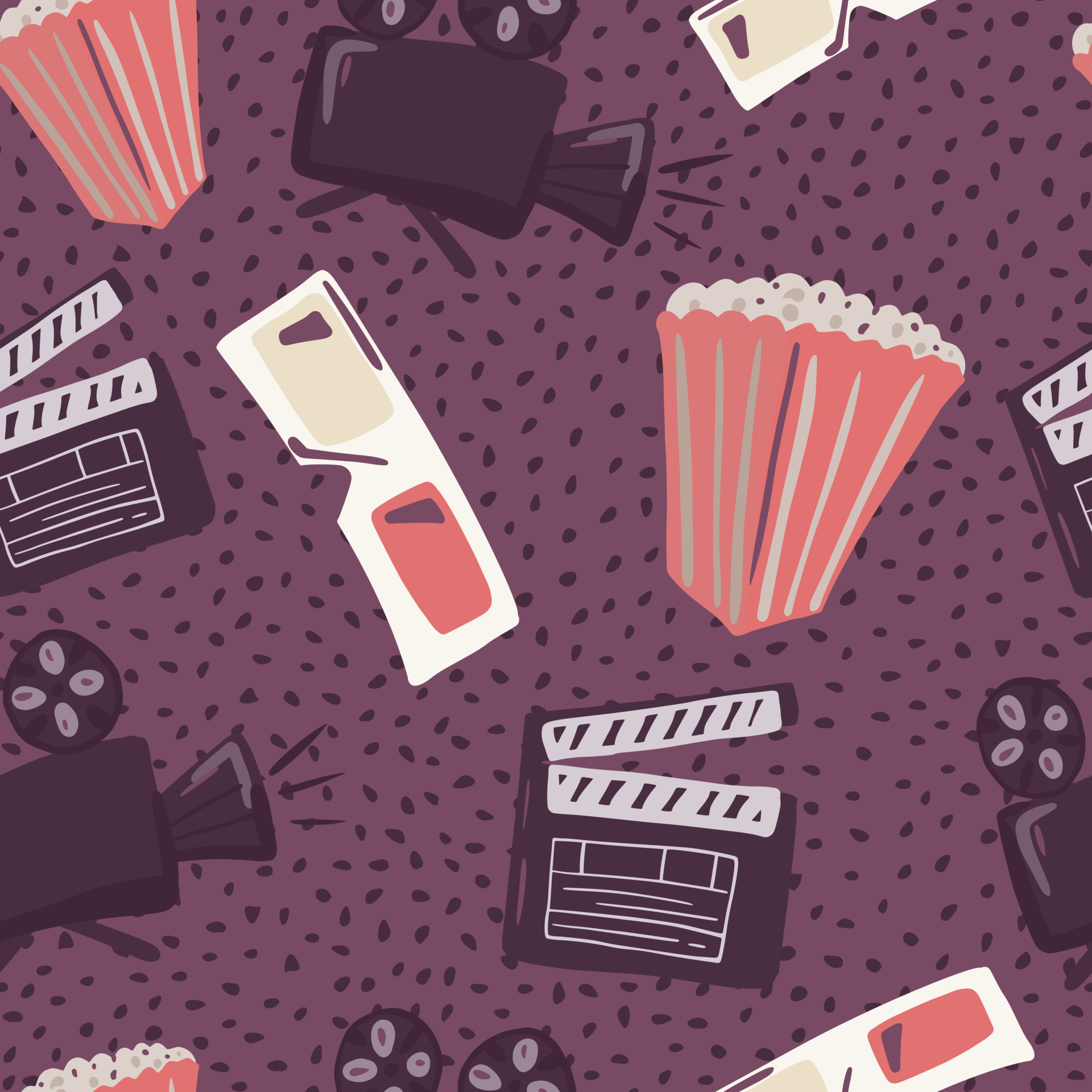Popcorn camera 3d, Clapperboard silhouettes, Seamless doodle pattern, Cinema movie, 1920x1920 HD Phone