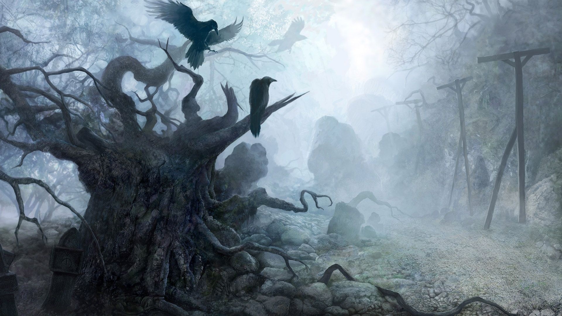 Gothic Art: Dark fantasy place, Mystic ravens, Fog, Oppressive atmosphere. 1920x1080 Full HD Background.