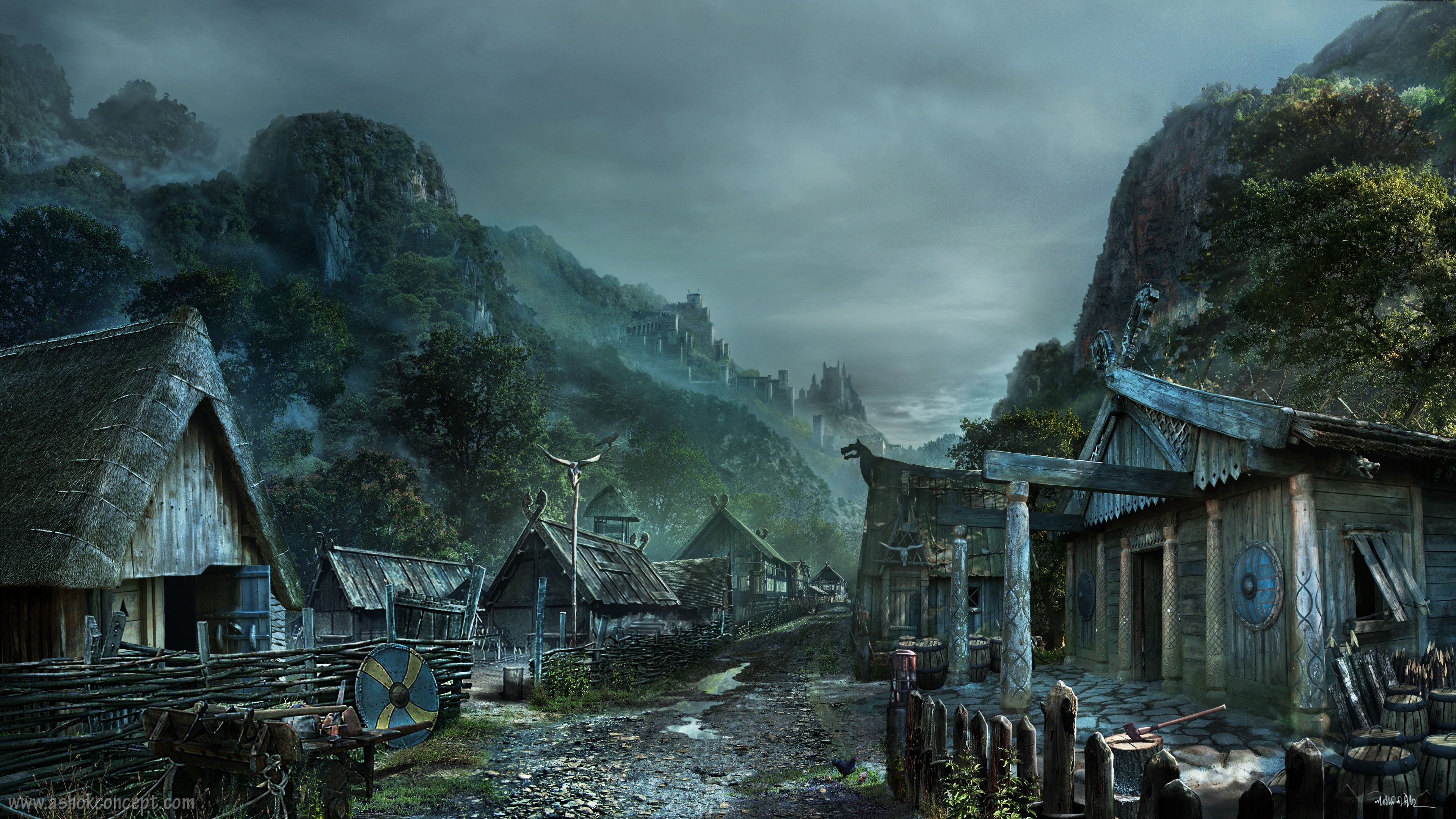 Fantasy village wallpaper, Viking village, Breathtaking landscape, Magical setting, 3840x2160 4K Desktop