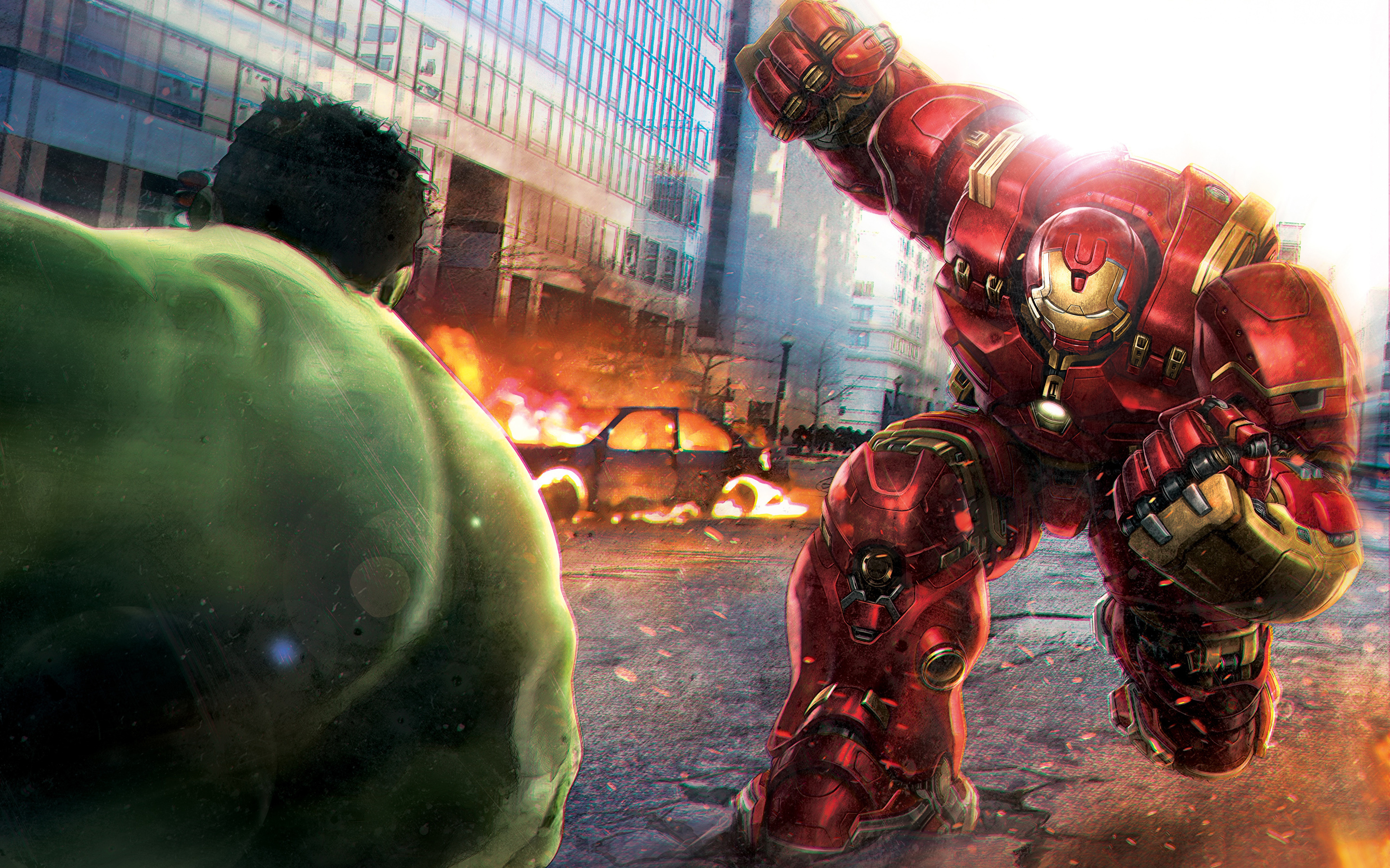 Hulk vs Hulkbuster, Epic showdown, Samantha Peltier's artwork, Intense confrontation, 2880x1800 HD Desktop