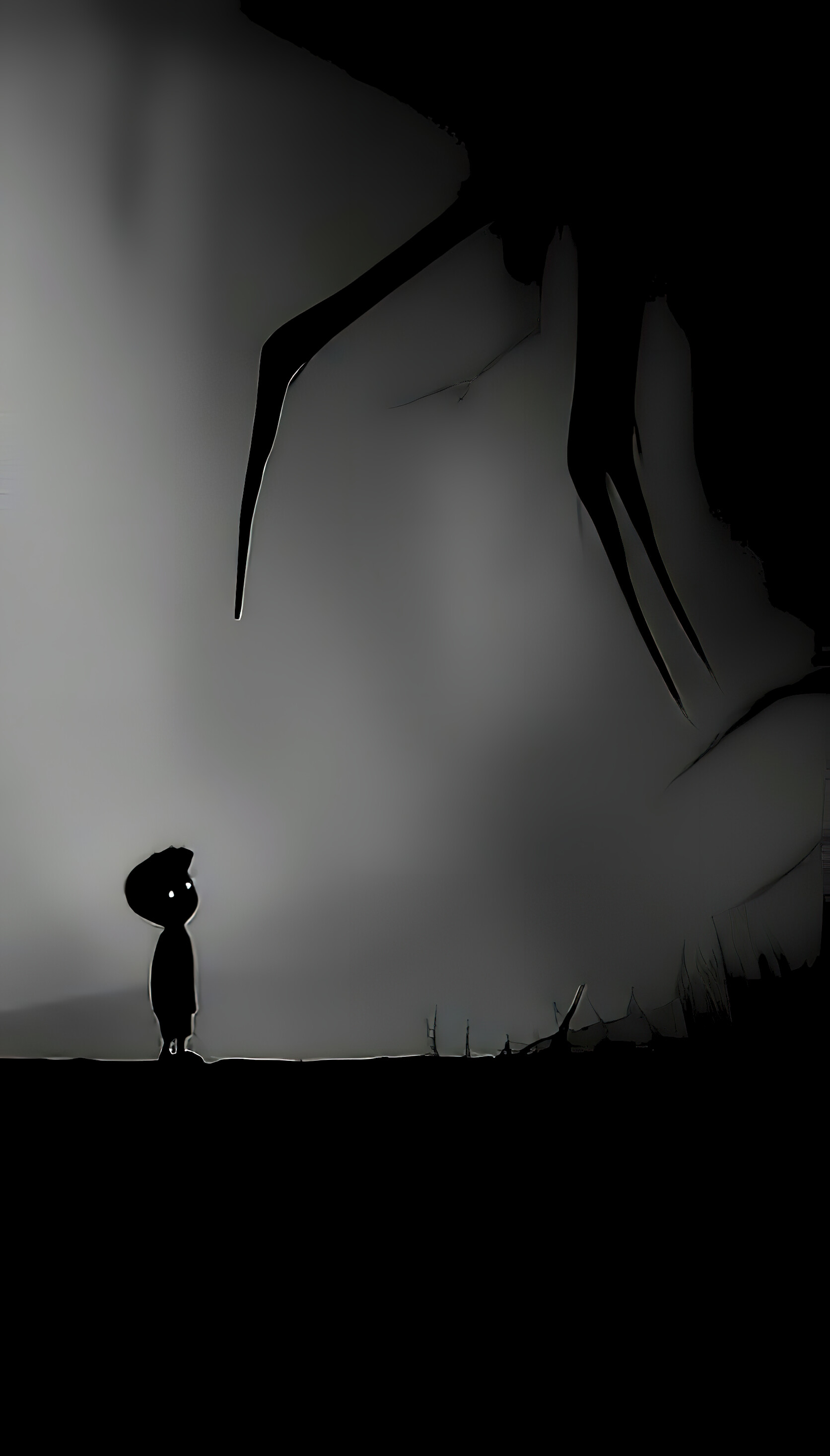 Limbo: A 2D side-scroller, incorporating a physics system that governs environmental objects and the player character, Black-and-white. 1680x2940 HD Background.