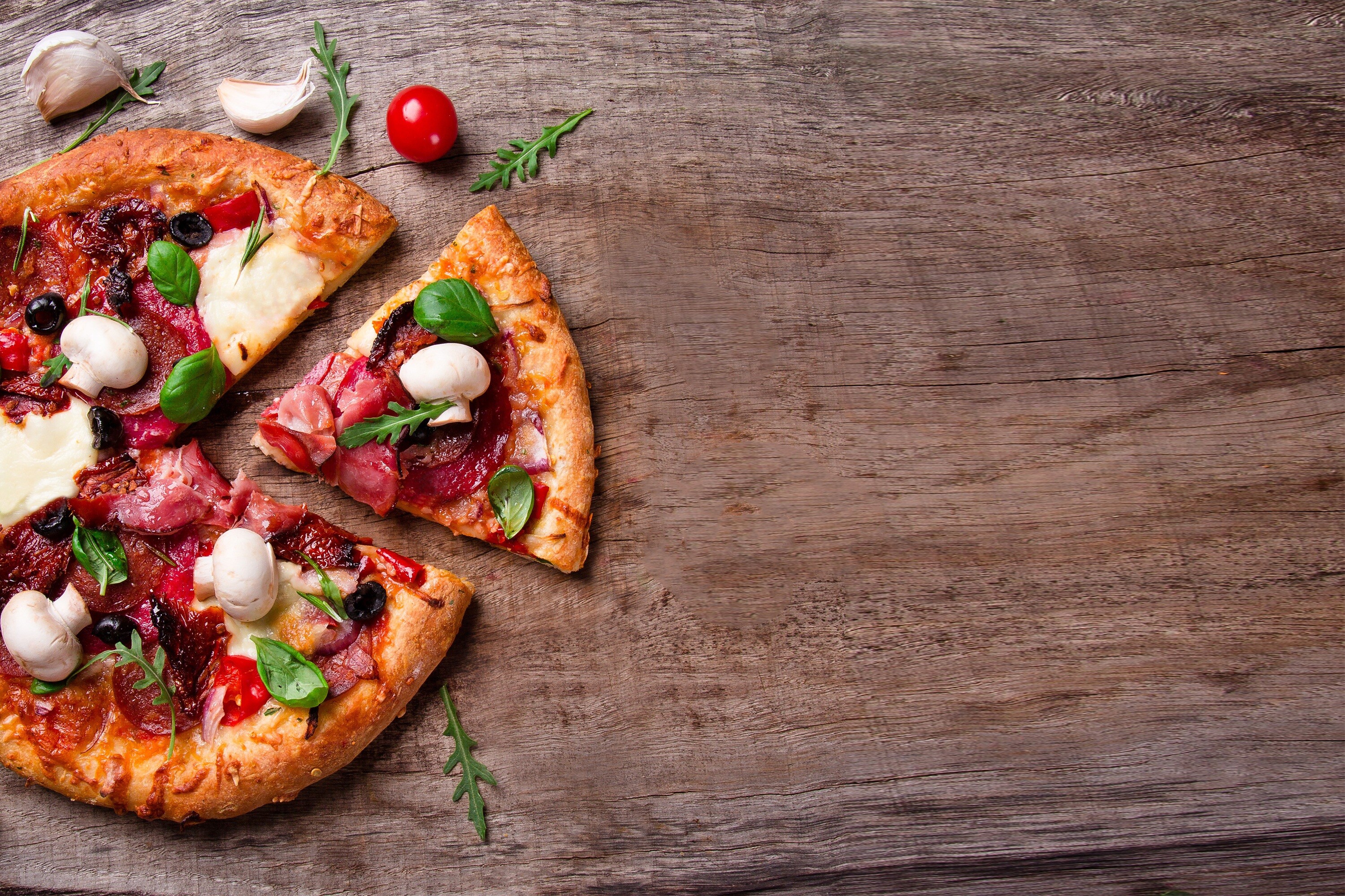 Pizza: A dish of Italian origin, Mushrooms, olives and meat. 3000x2000 HD Wallpaper.