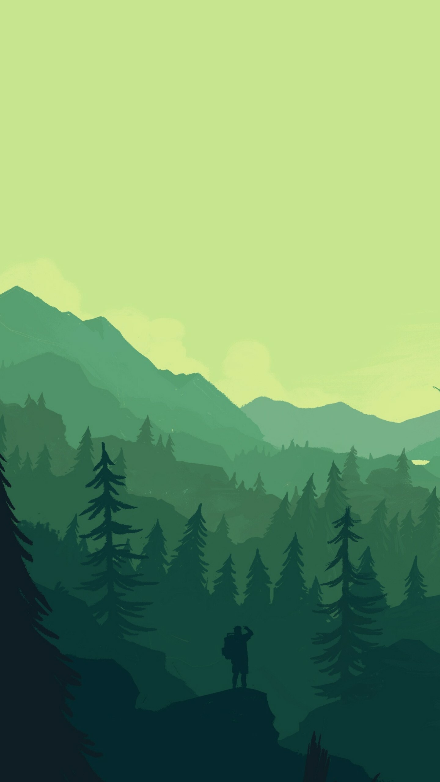 Firewatch: The first video game from Campo Santo, was created by Jake Rodkin and Sean Vanaman, who were the creative leads on The Walking Dead, Nels Anderson, the lead designer of Mark of the Ninja, and artist Olly Moss. 1440x2560 HD Background.