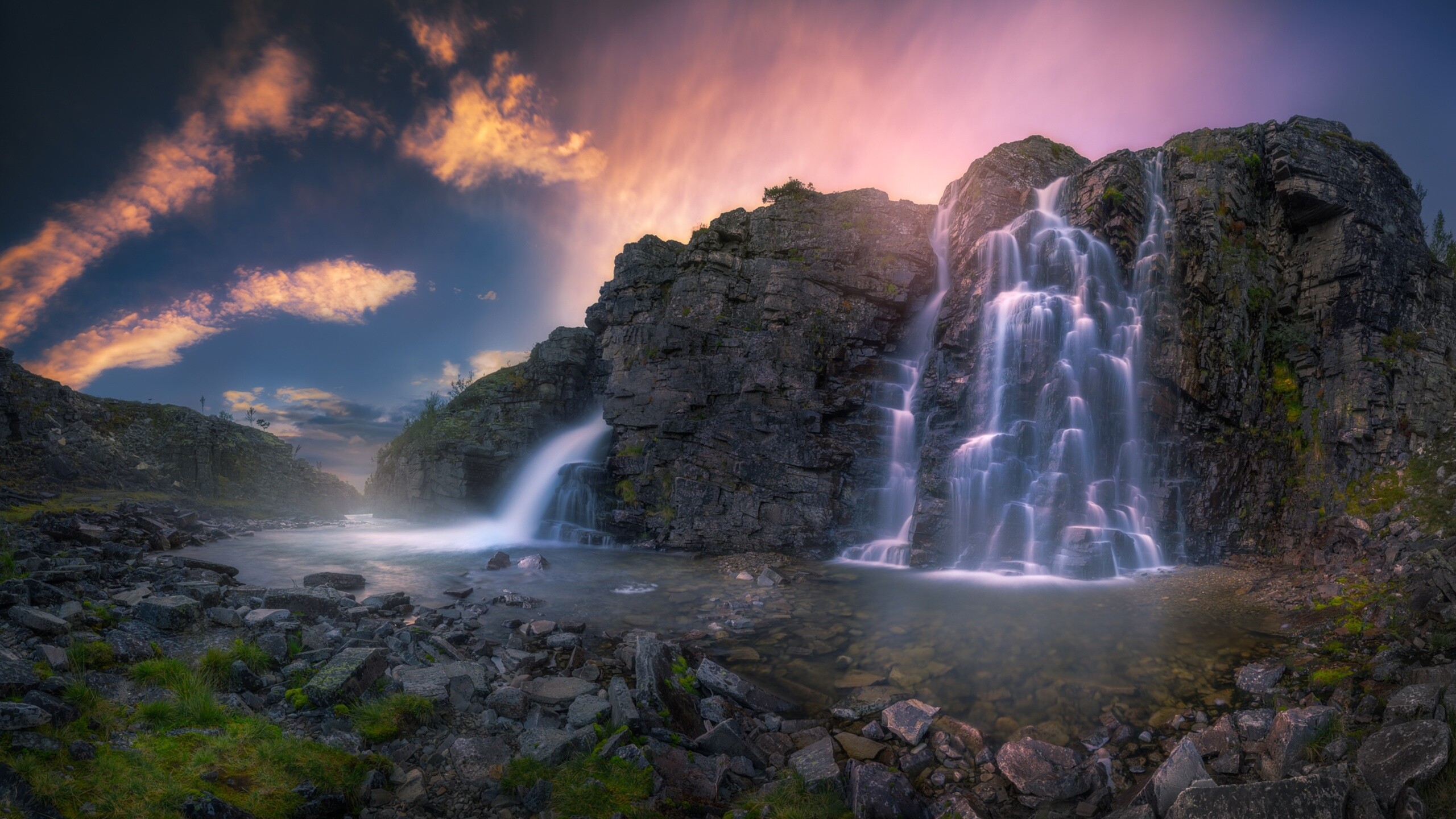 Waterfall: Rondane National Park, Norway, Spring, Rock. 2560x1440 HD Wallpaper.